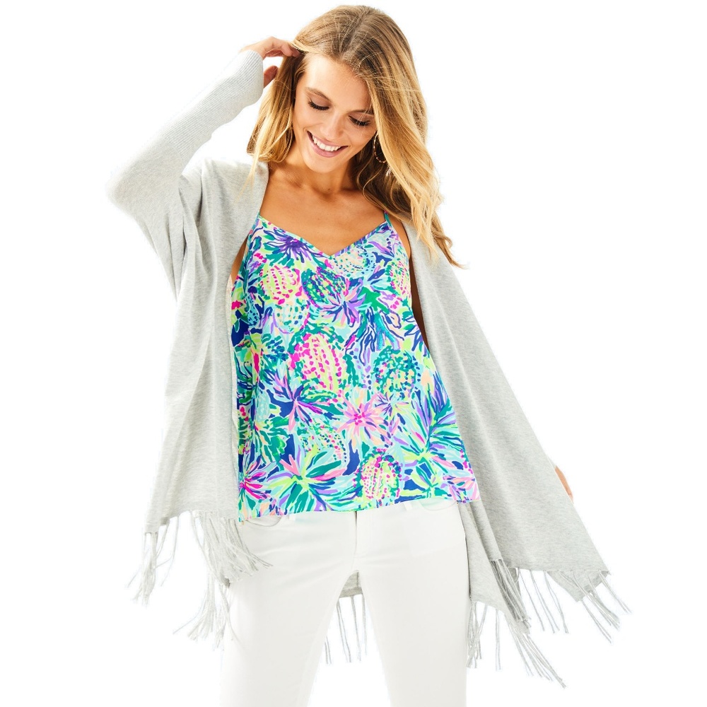 Lilly Pulitzer Colina Fringe Cardigan Sweater | Heathered Grey | XS